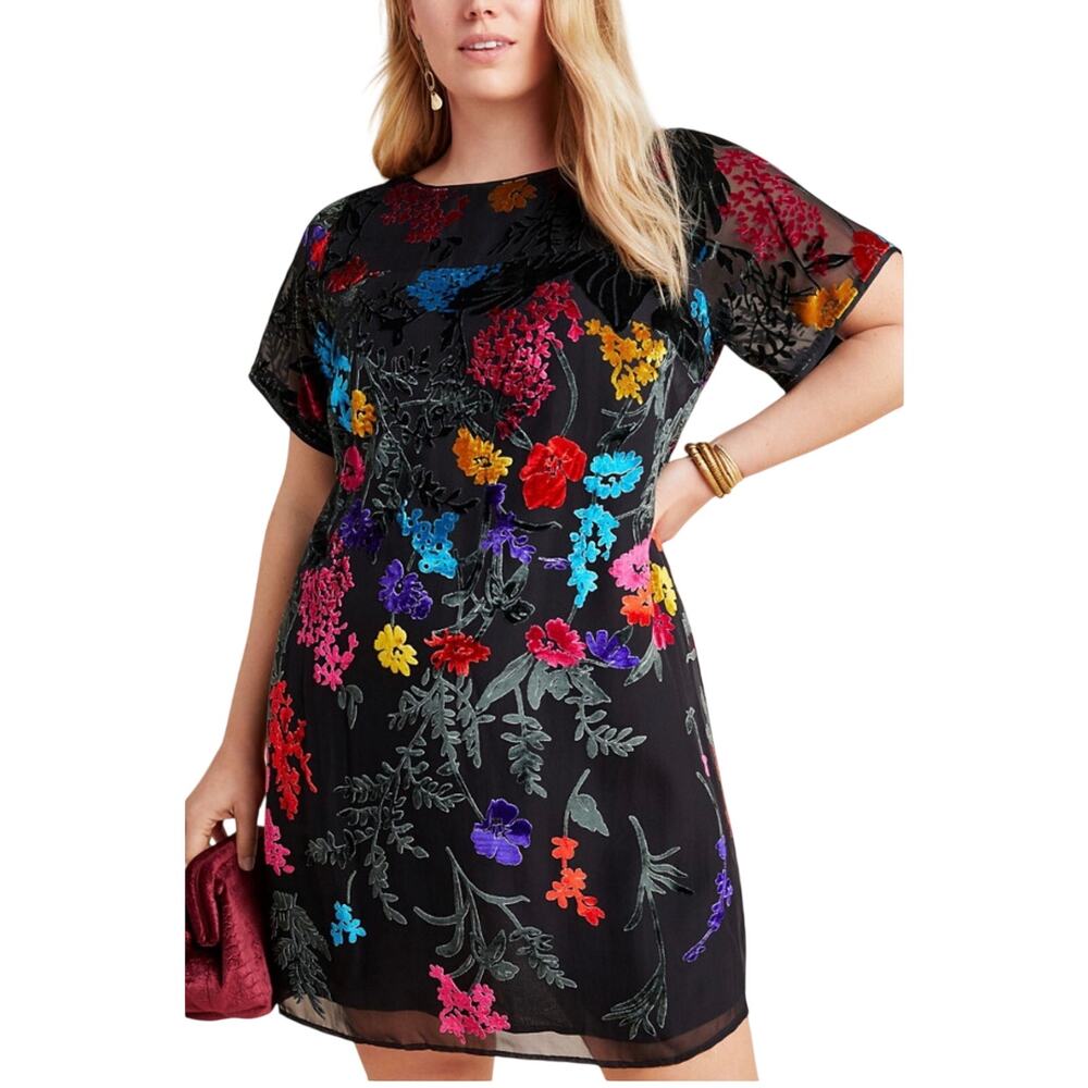 Maeve Anthropologie Alisa Floral Burnout Velvet Mini Tee Dress, Size 10
